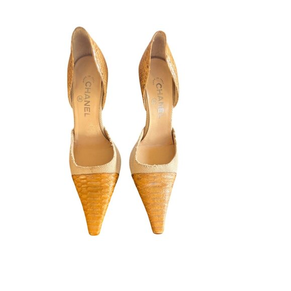 Chanel Womens DOrsay Pointed Toe Pumps Yellow/Beige Snake Print Leather Canvas H - Picture 7 of 9